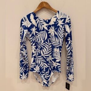 Kate Spade Blue White Floral Long Sleeve One Piece Swimsuit L NWT